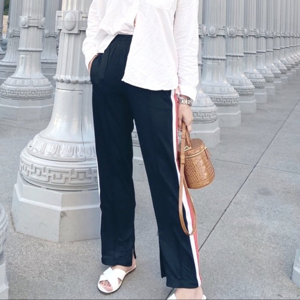 Ganni Black Track Pants with Pink and White Side Stripes